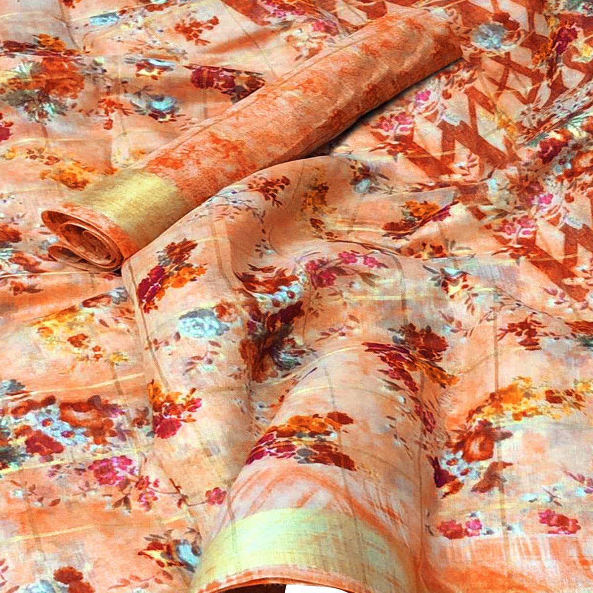 Impressive Peach Colored Casual Floral Printed Cotton Saree