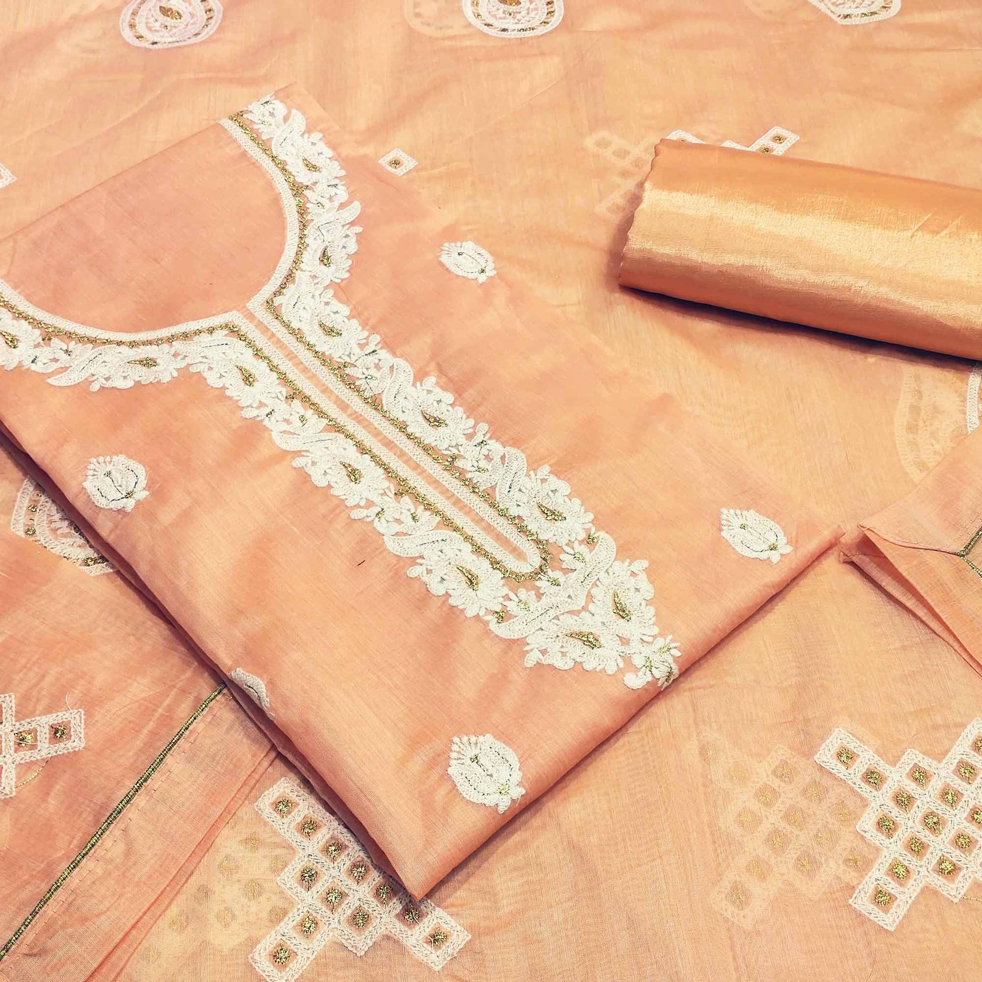 Impressive Peach Colored Partywear Embroidered Modal Silk Dress Material
