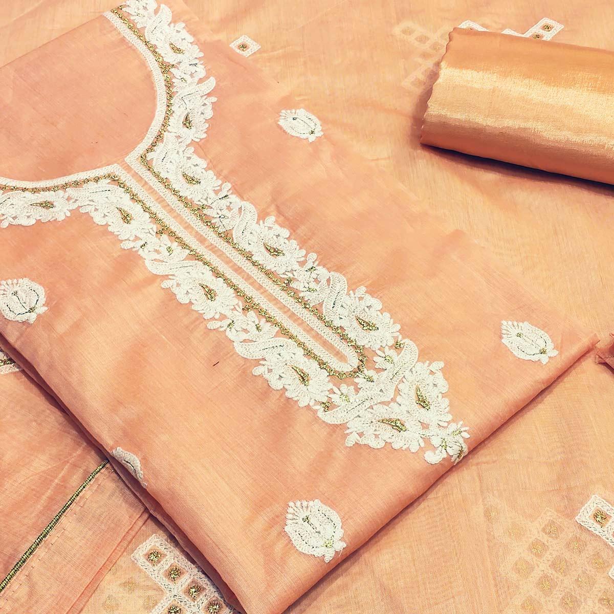 Impressive Peach Colored Partywear Embroidered Modal Silk Dress Material