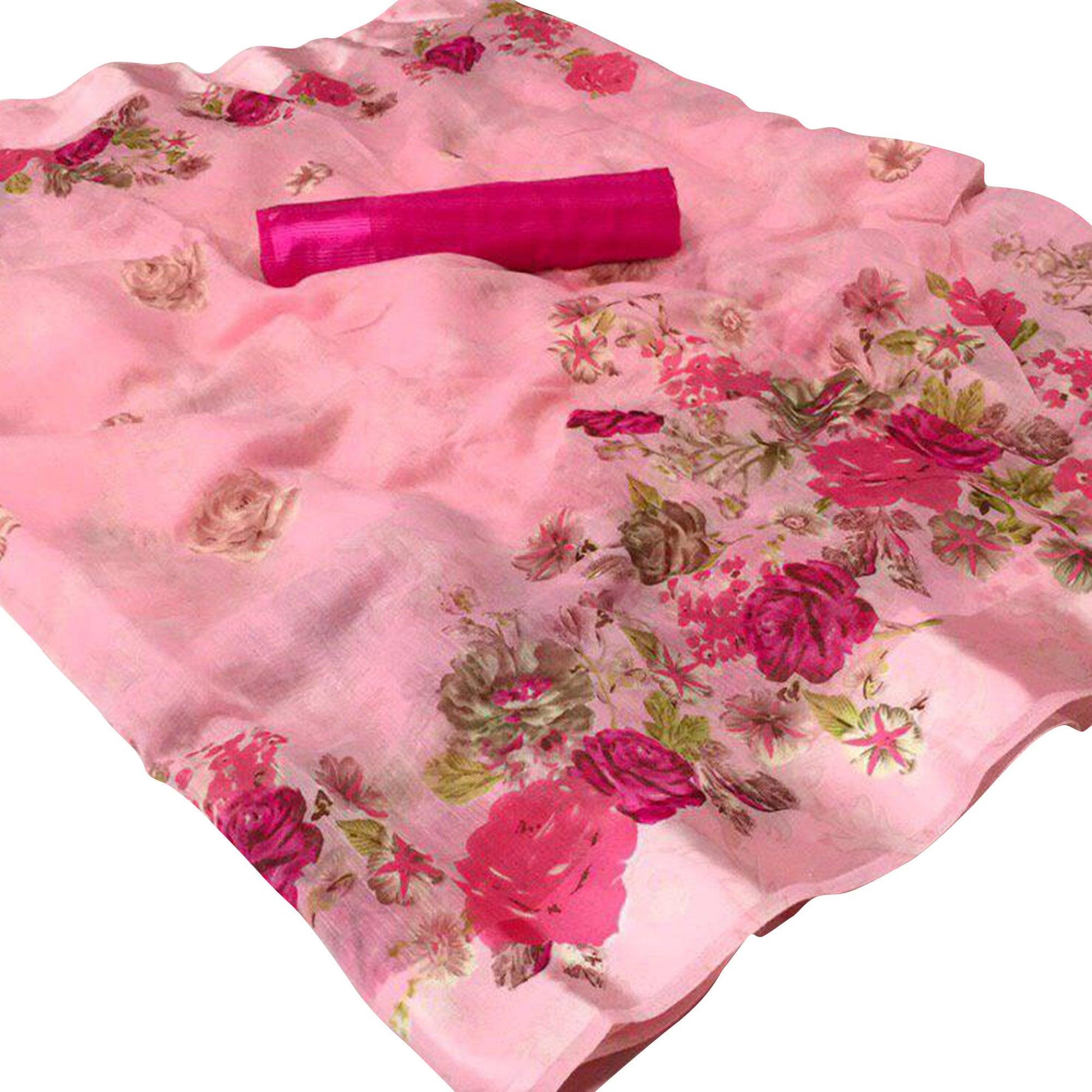 Impressive Pink Colored Casual Wear Floral Printed Linen Saree
