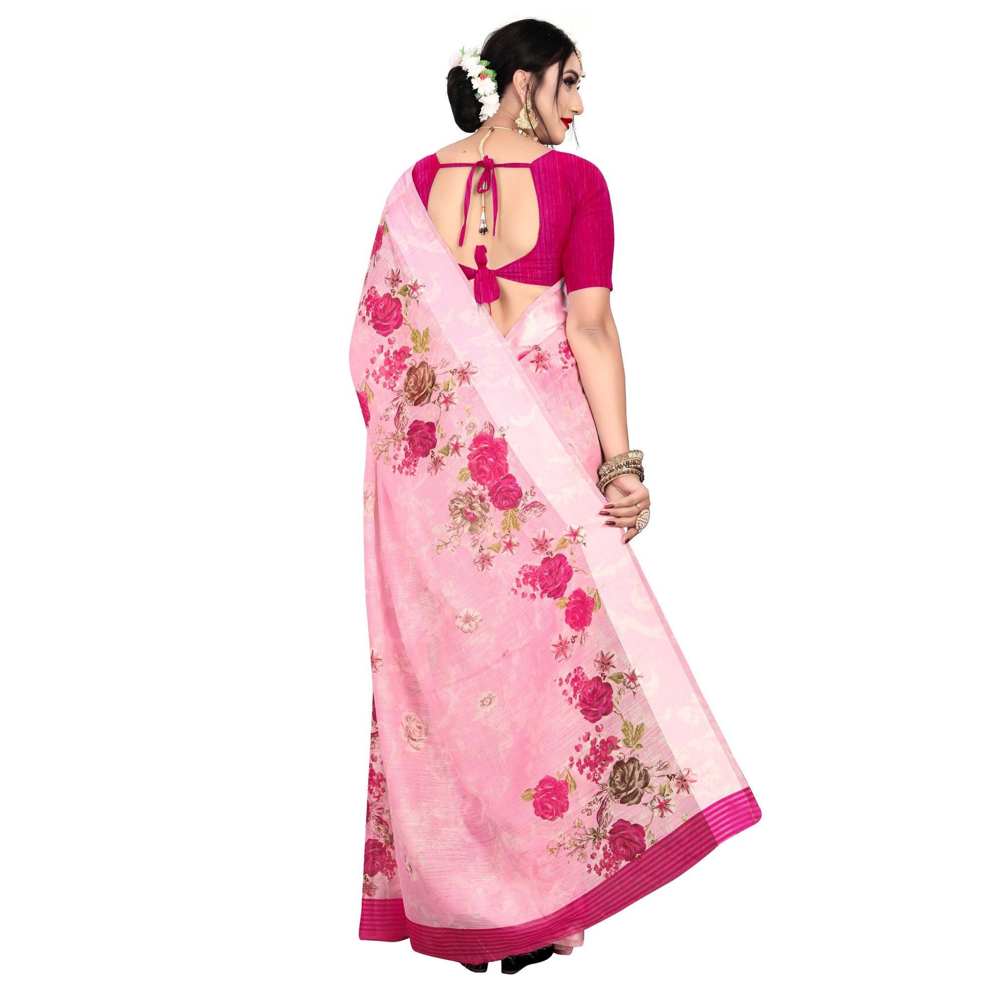 Impressive Pink Colored Casual Wear Floral Printed Linen Saree