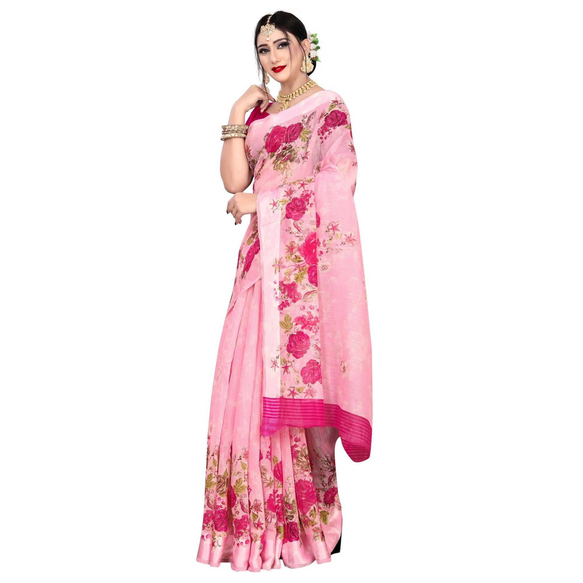 Impressive Pink Colored Casual Wear Floral Printed Linen Saree