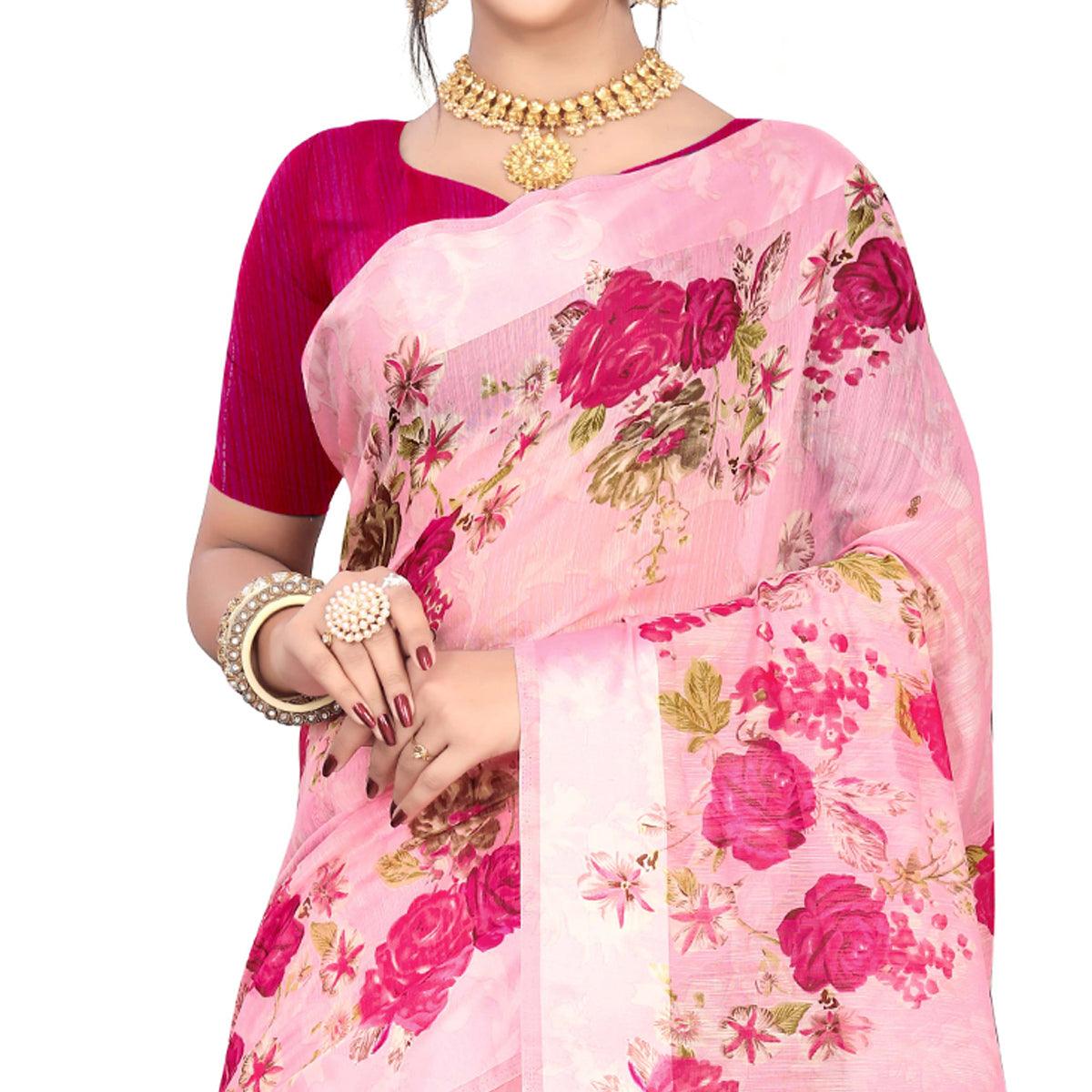 Impressive Pink Colored Casual Wear Floral Printed Linen Saree