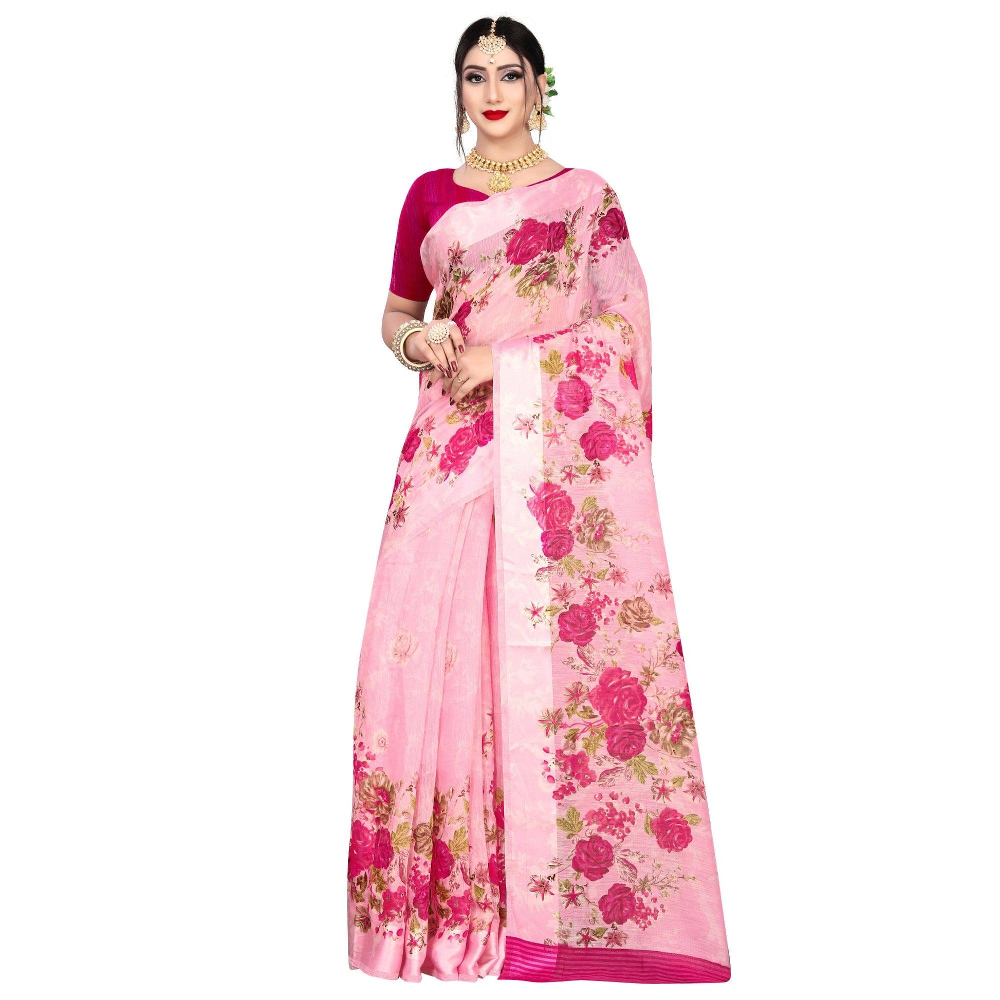 Impressive Pink Colored Casual Wear Floral Printed Linen Saree