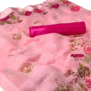 Impressive Pink Colored Casual Wear Floral Printed Linen Saree