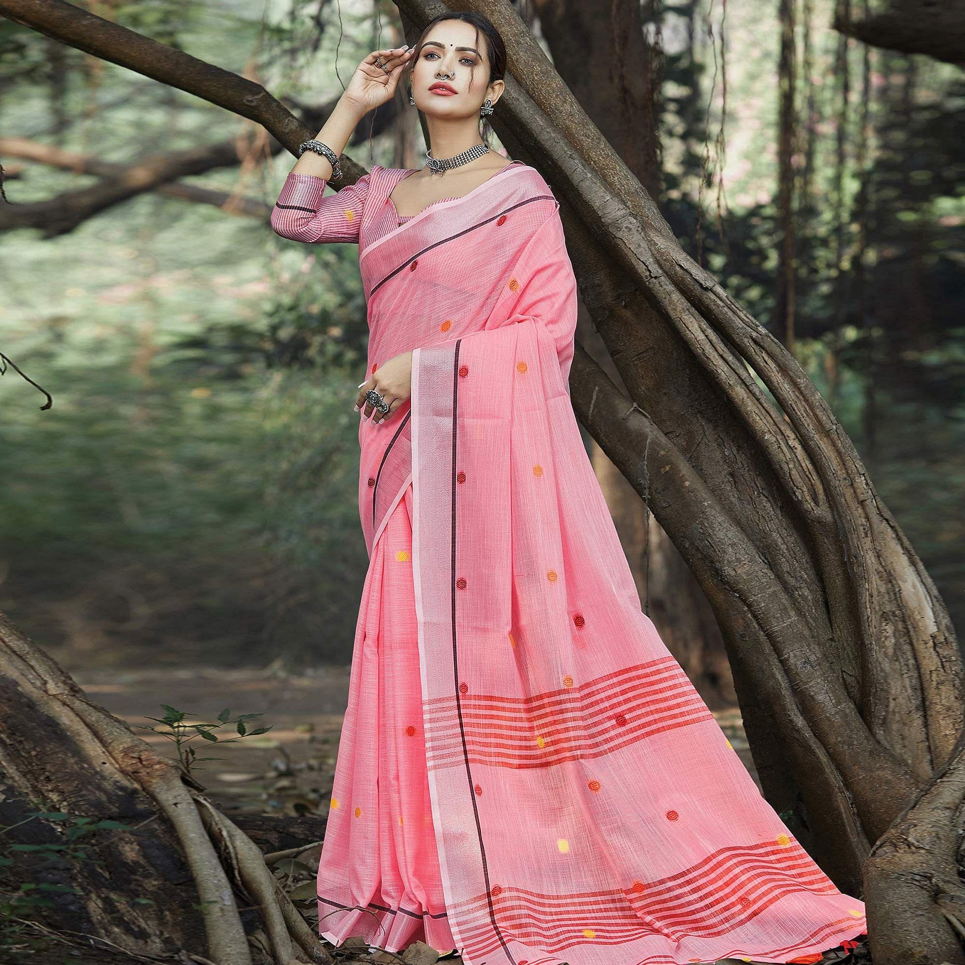 Impressive Pink Colored Festive Wear Printed Linen Saree