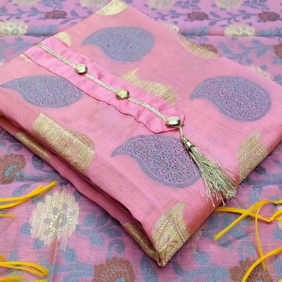 Impressive Pink Colored Festive Wear Woven Heavy Banarasi Silk Dress Material