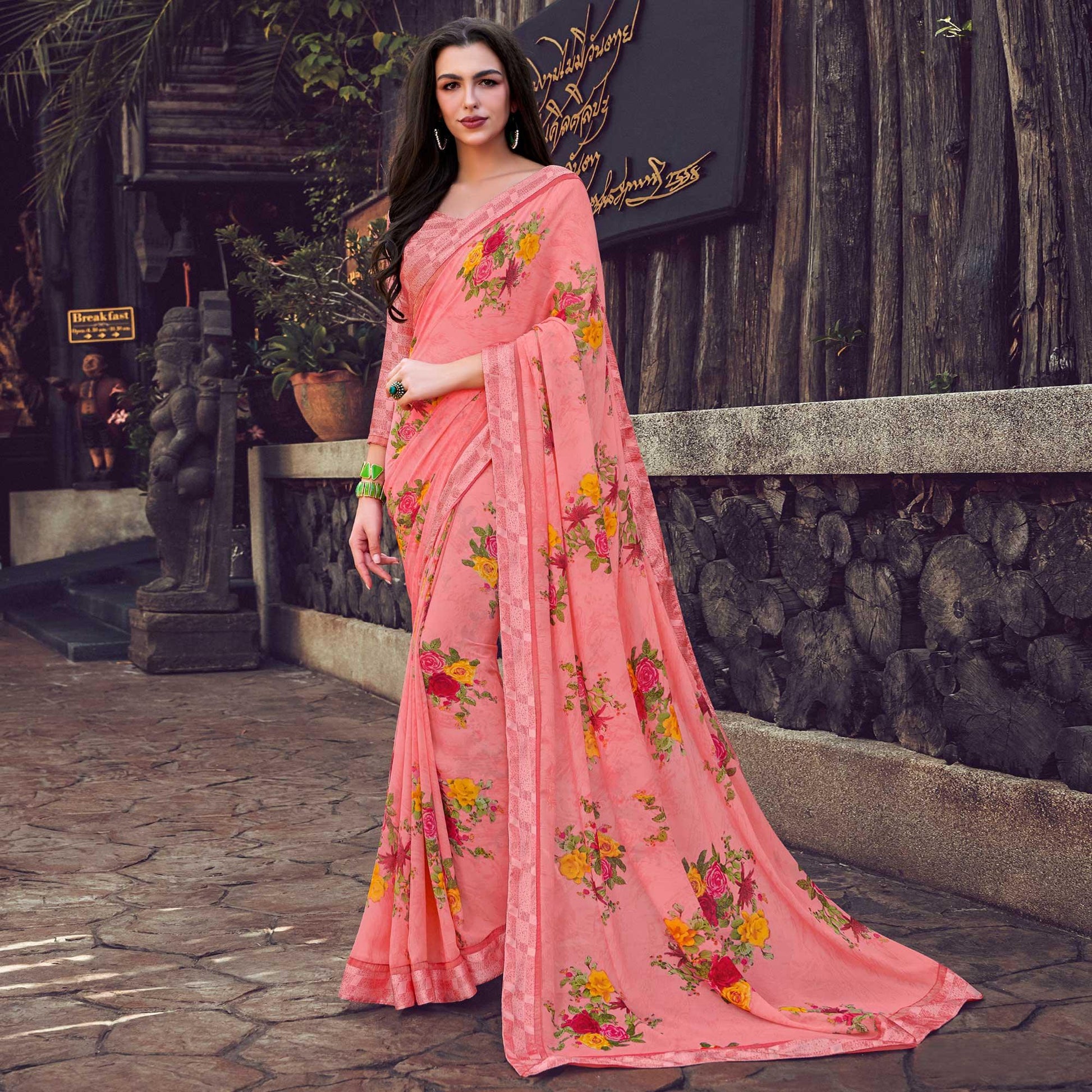 Impressive Pink Colored Partywear Designer Printed Georgette Saree