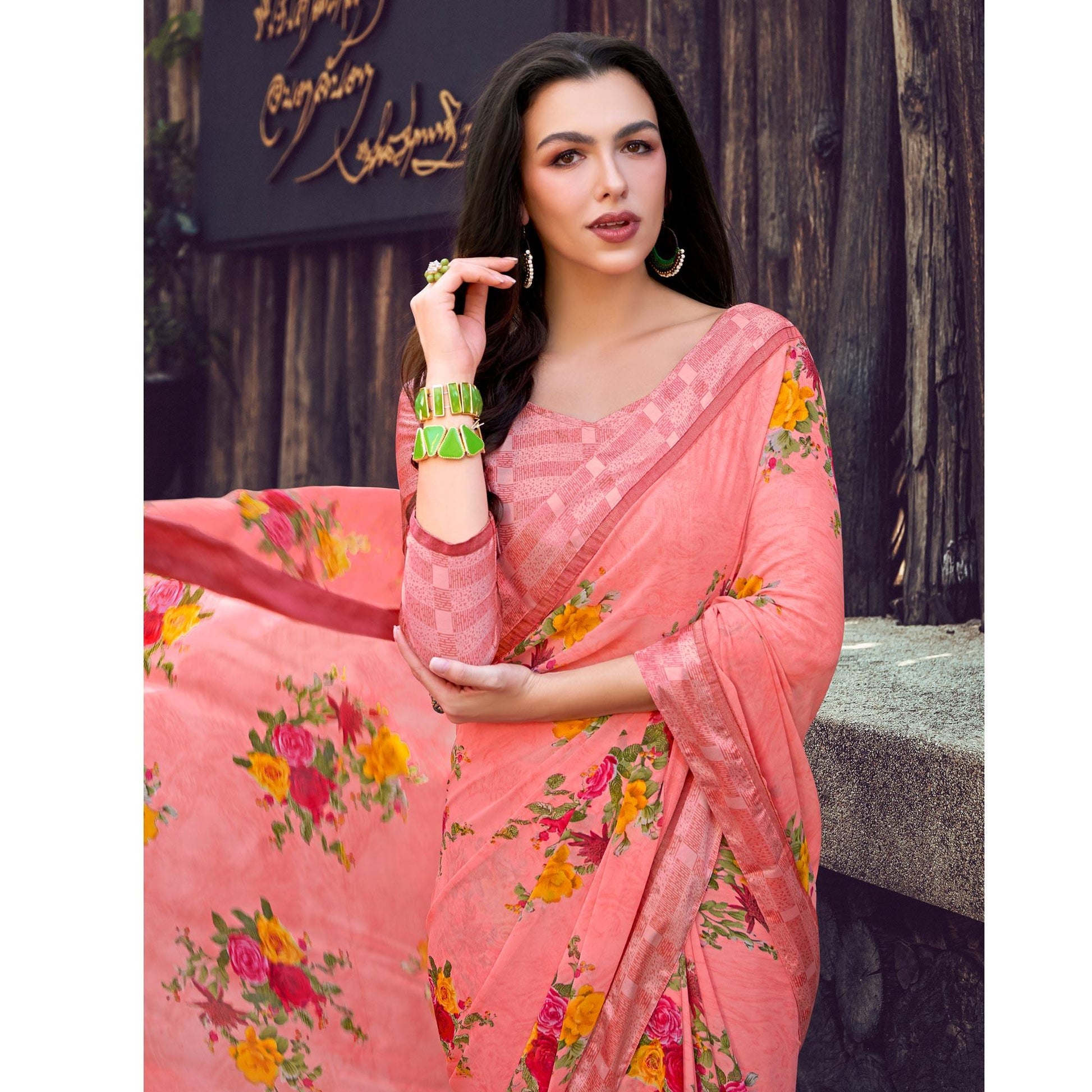 Impressive Pink Colored Partywear Designer Printed Georgette Saree