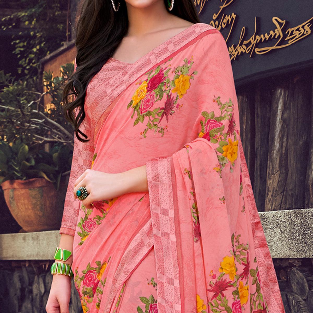 Impressive Pink Colored Partywear Designer Printed Georgette Saree