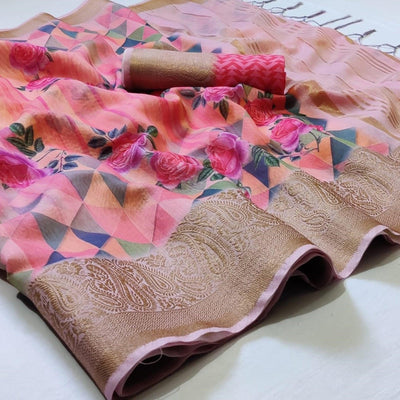 Impressive Pink - Peach Colored Festive Wear Woven Banarasi Silk Saree