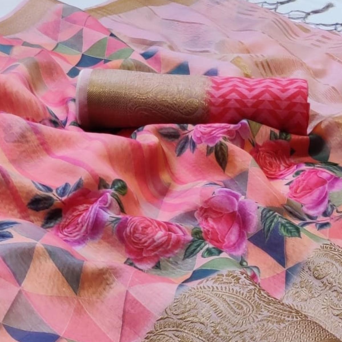 Impressive Pink - Peach Colored Festive Wear Woven Banarasi Silk Saree