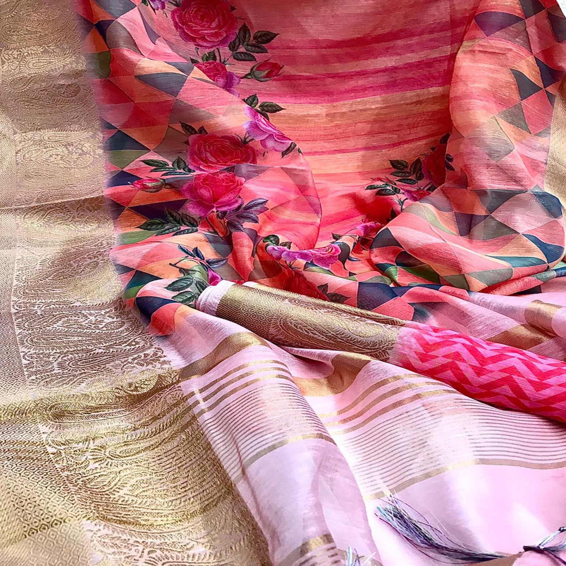 Impressive Pink - Peach Colored Festive Wear Woven Banarasi Silk Saree
