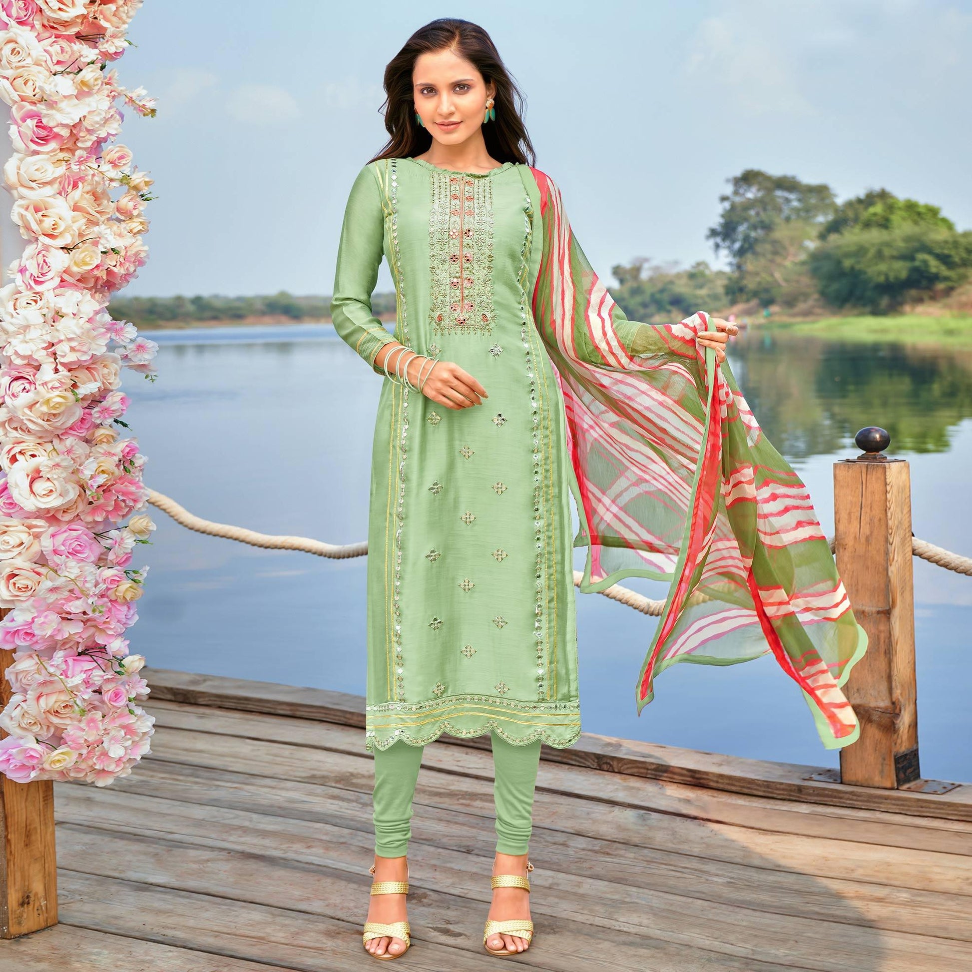 Impressive Pista Green Colored Partywear Embroidered Modal Cotton Dress Material