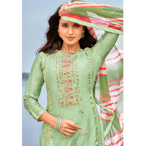 Impressive Pista Green Colored Partywear Embroidered Modal Cotton Dress Material