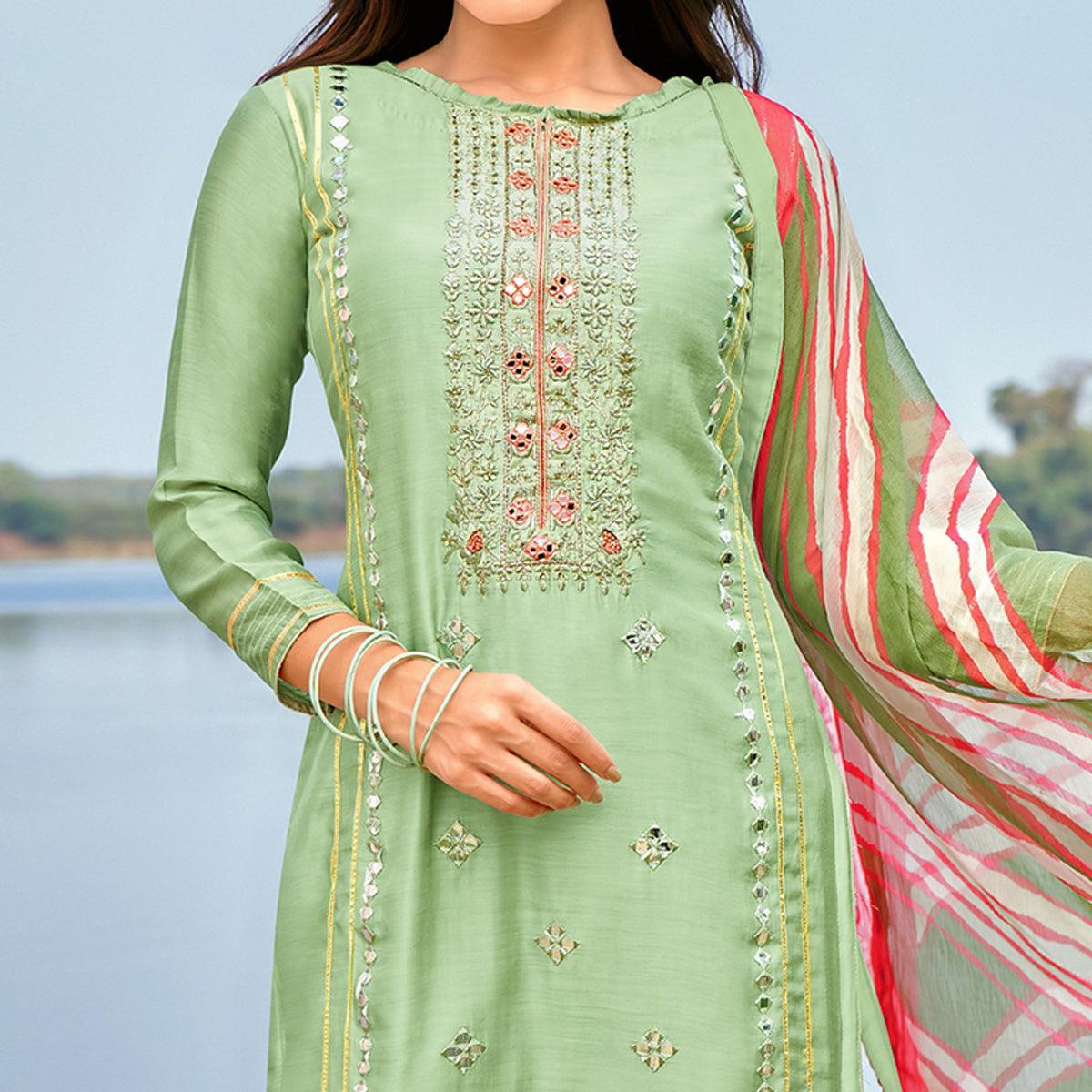 Impressive Pista Green Colored Partywear Embroidered Modal Cotton Dress Material