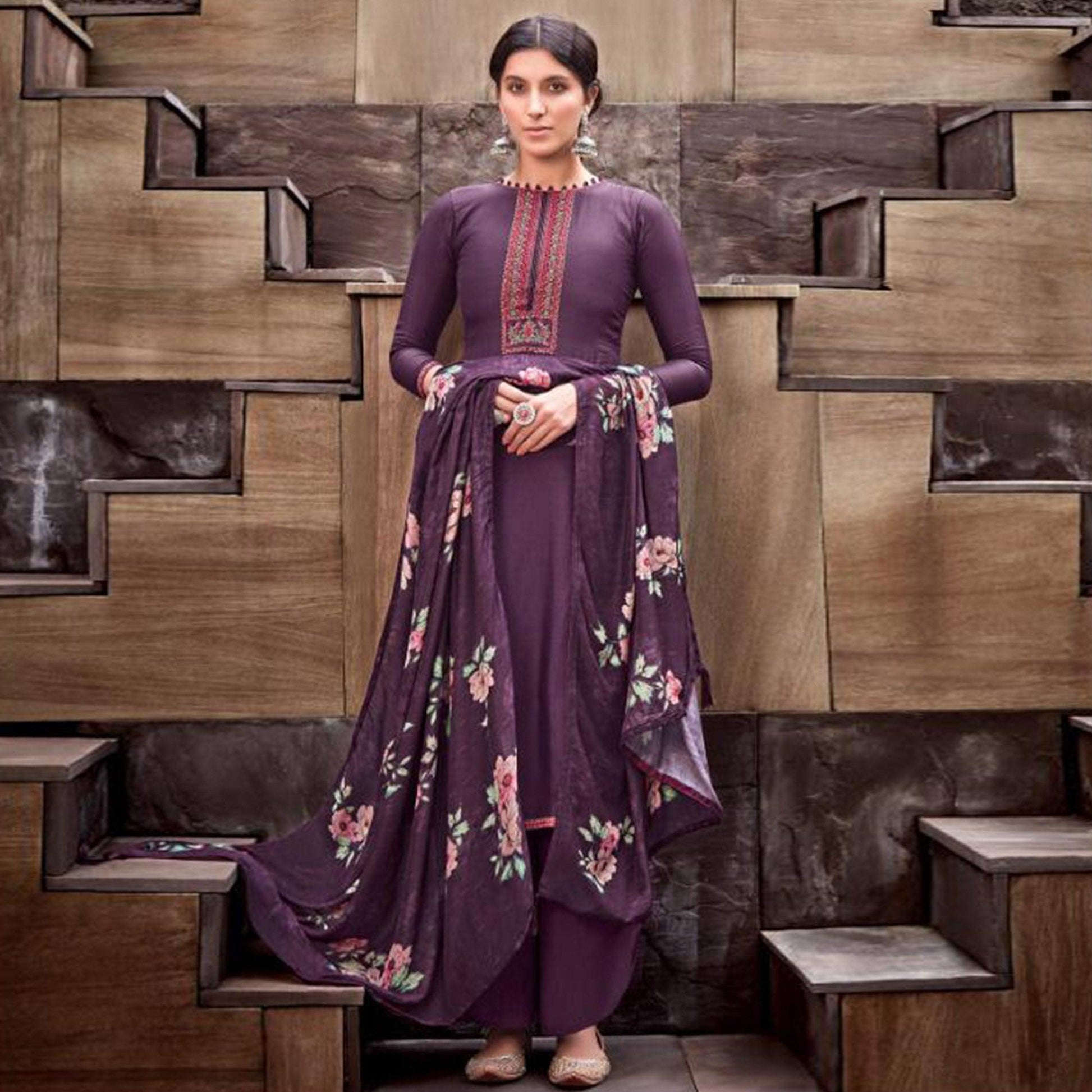 Impressive Purple Colored Partywear Printed Viscose Muslin Suit