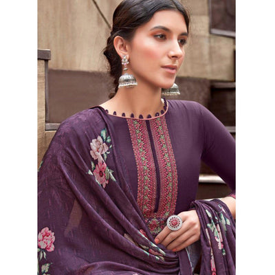Impressive Purple Colored Partywear Printed Viscose Muslin Suit