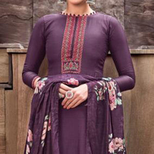 Impressive Purple Colored Partywear Printed Viscose Muslin Suit