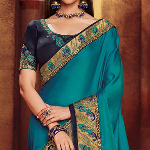 Impressive Rama Blue Colored Party Wear Embroidered Art Silk Saree