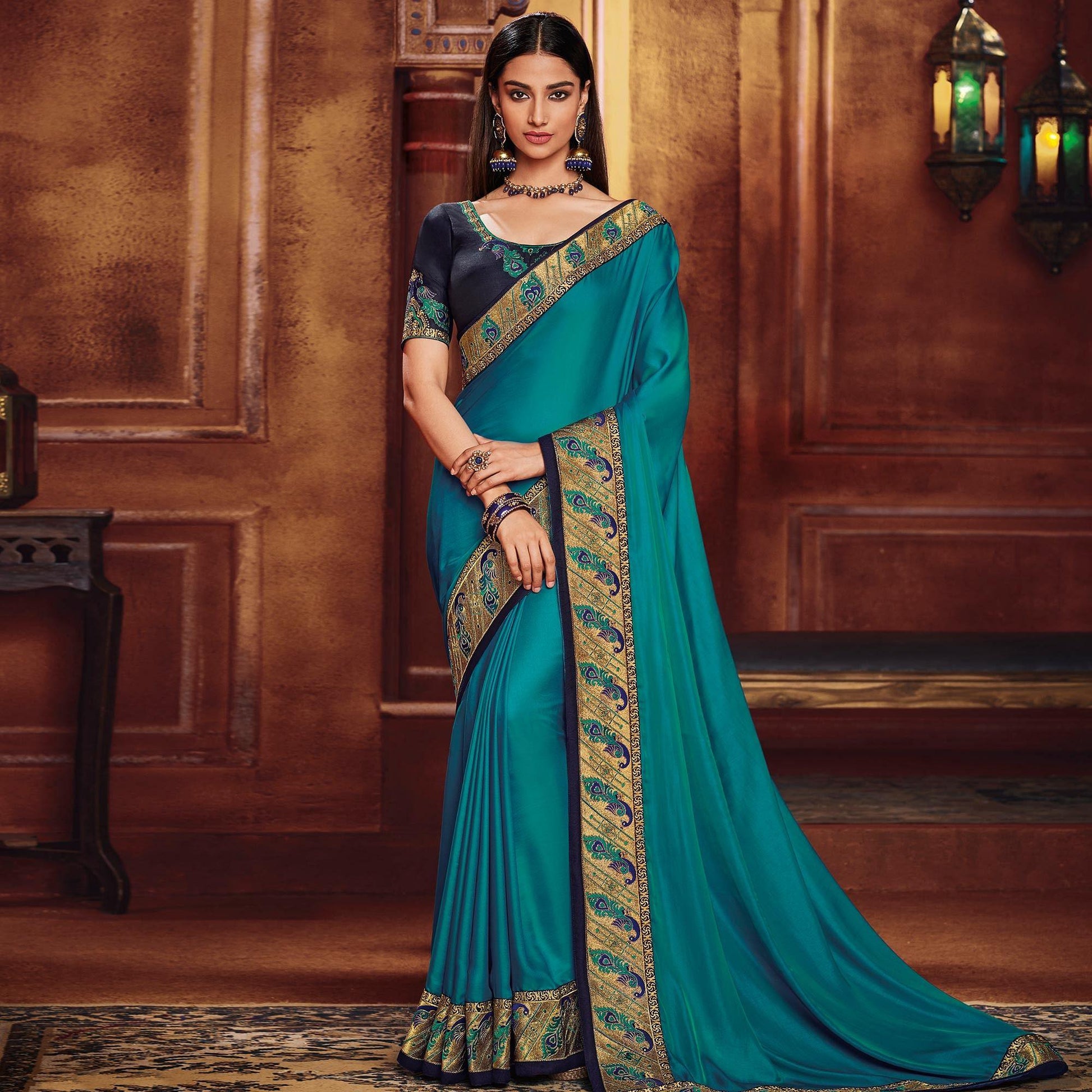Impressive Rama Blue Colored Party Wear Embroidered Art Silk Saree