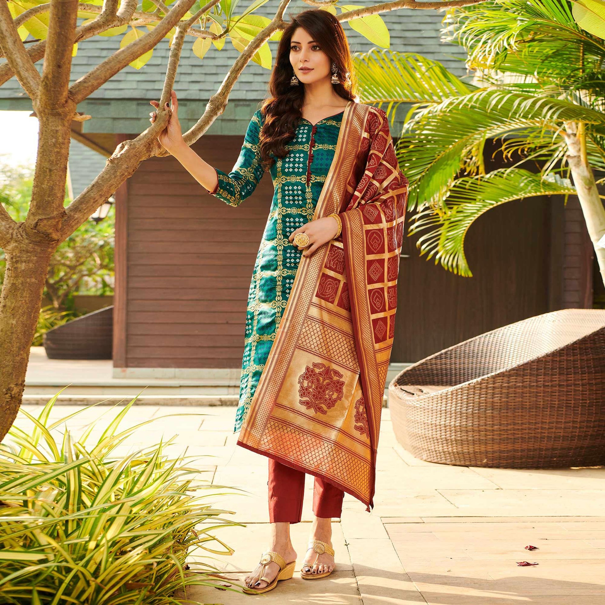Impressive Rama Green Colored Casual Wear Woven Jacquard Silk Dress Material