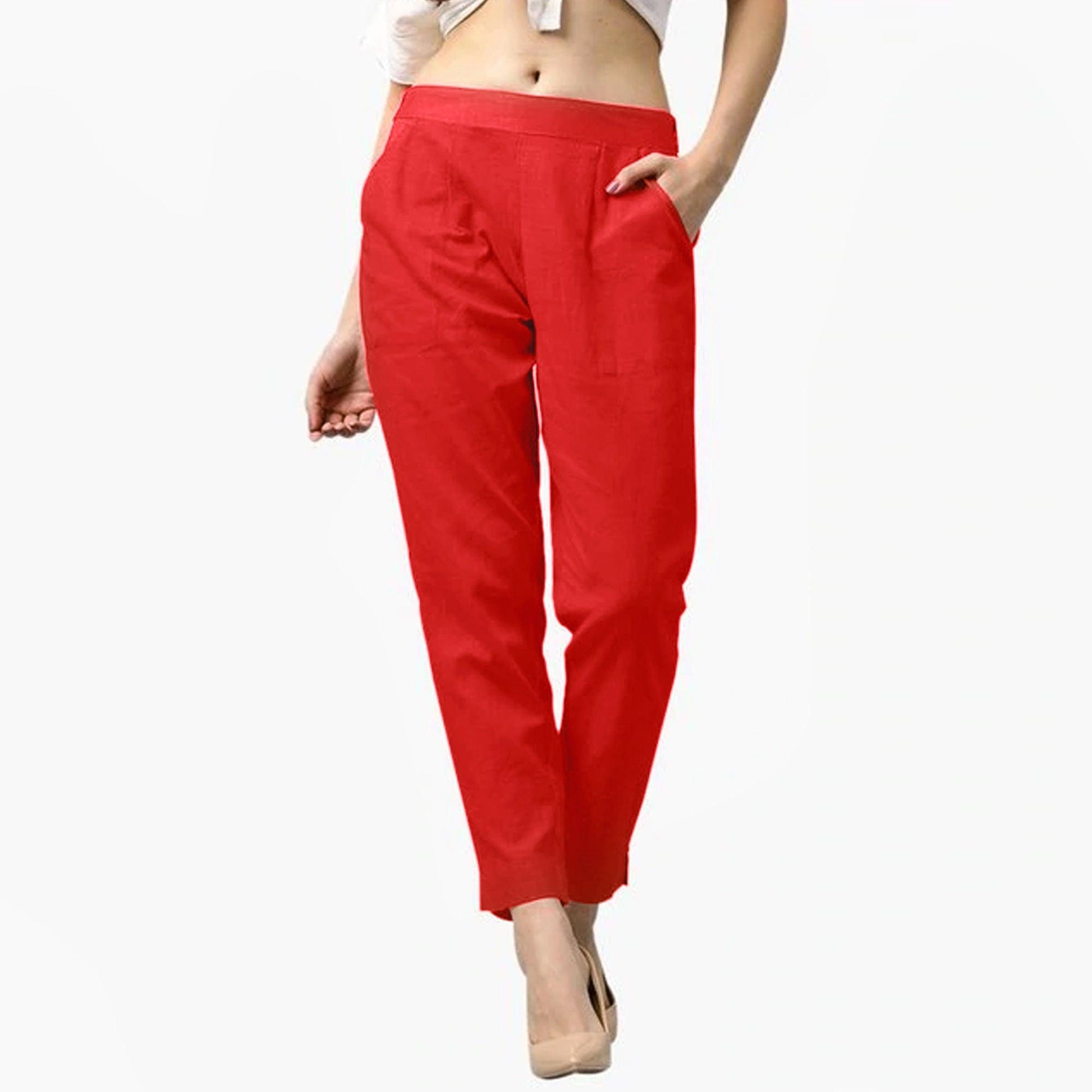 Impressive Red Colored Casual Wear Cotton Pant