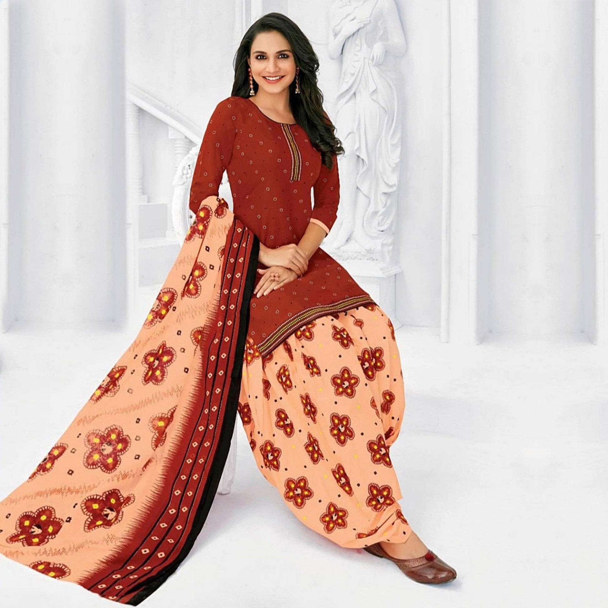 Impressive Red Colored Casual Wear Printed Cotton Stitched Patiala Suit