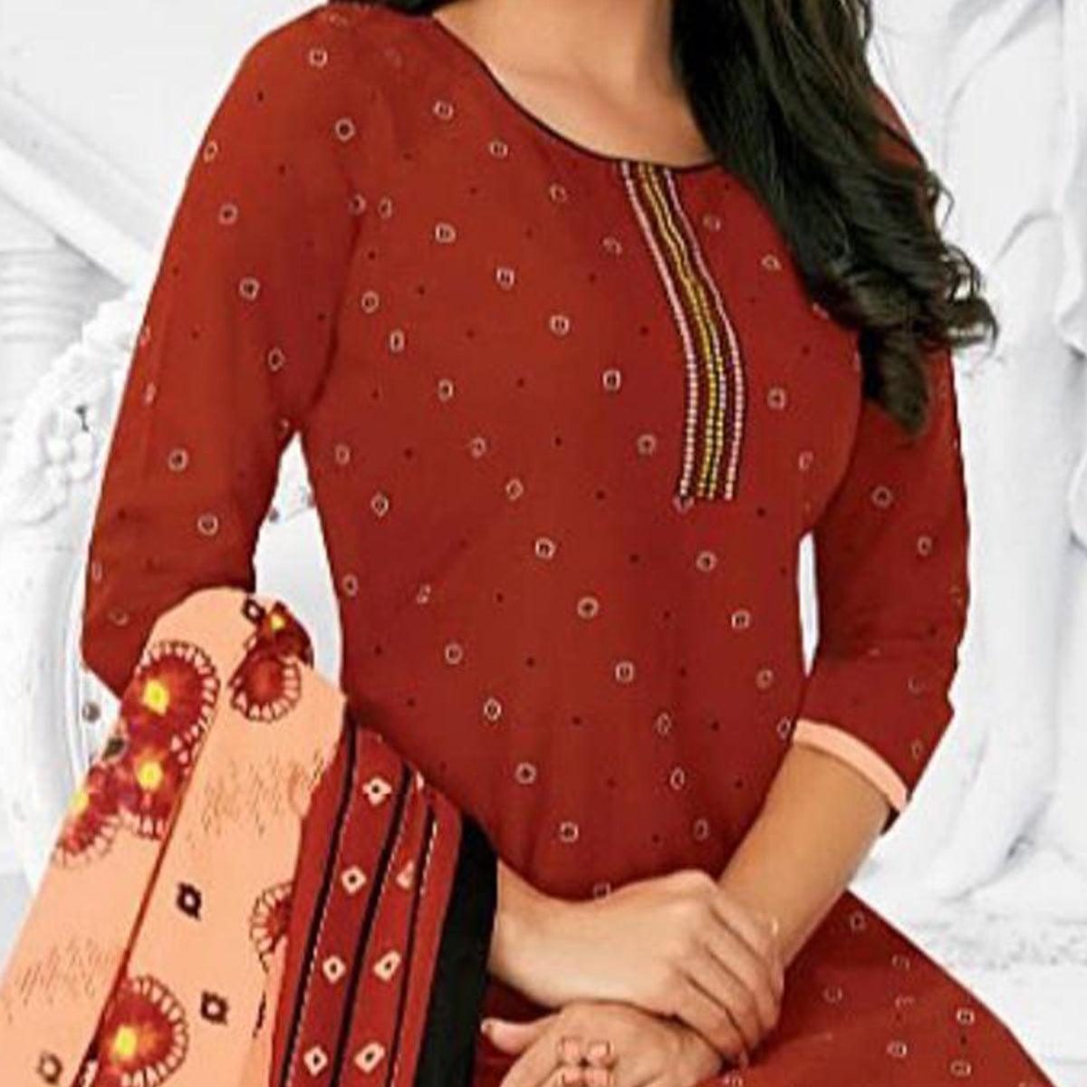 Impressive Red Colored Casual Wear Printed Cotton Stitched Patiala Suit
