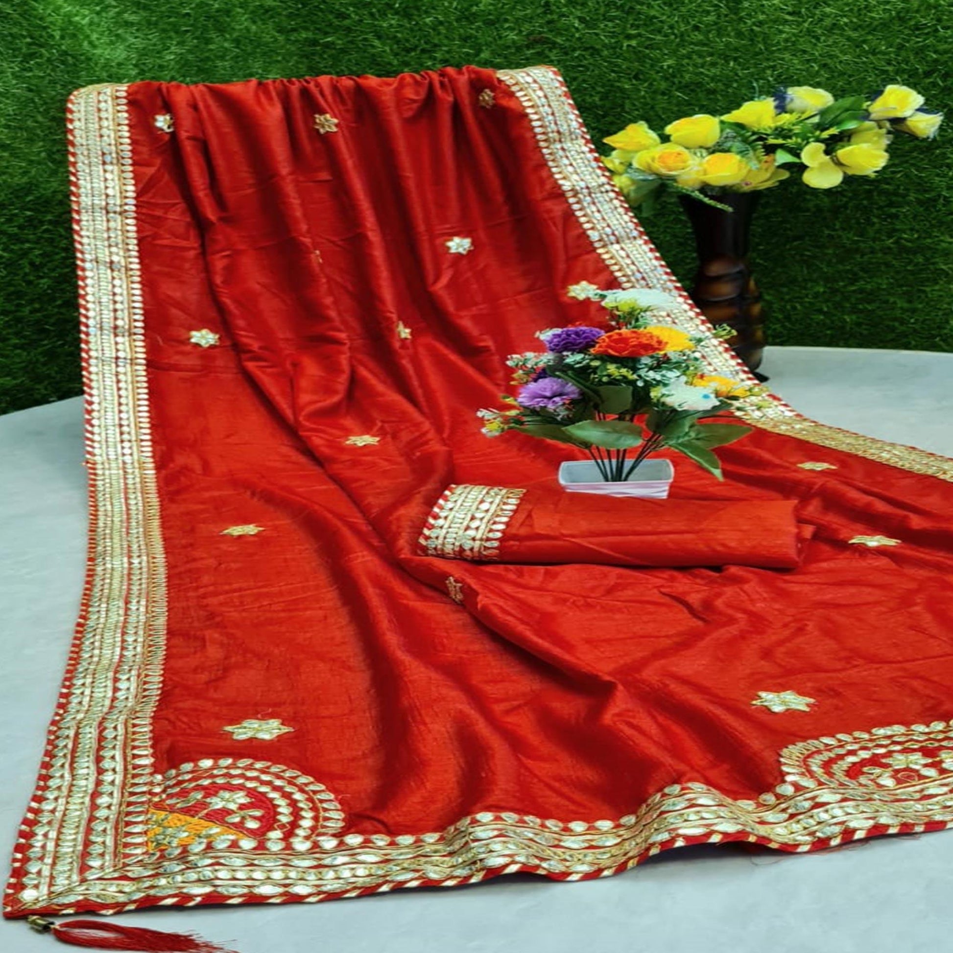 Impressive Red Colored Festive Wear Butta Work Dola Silk Saree