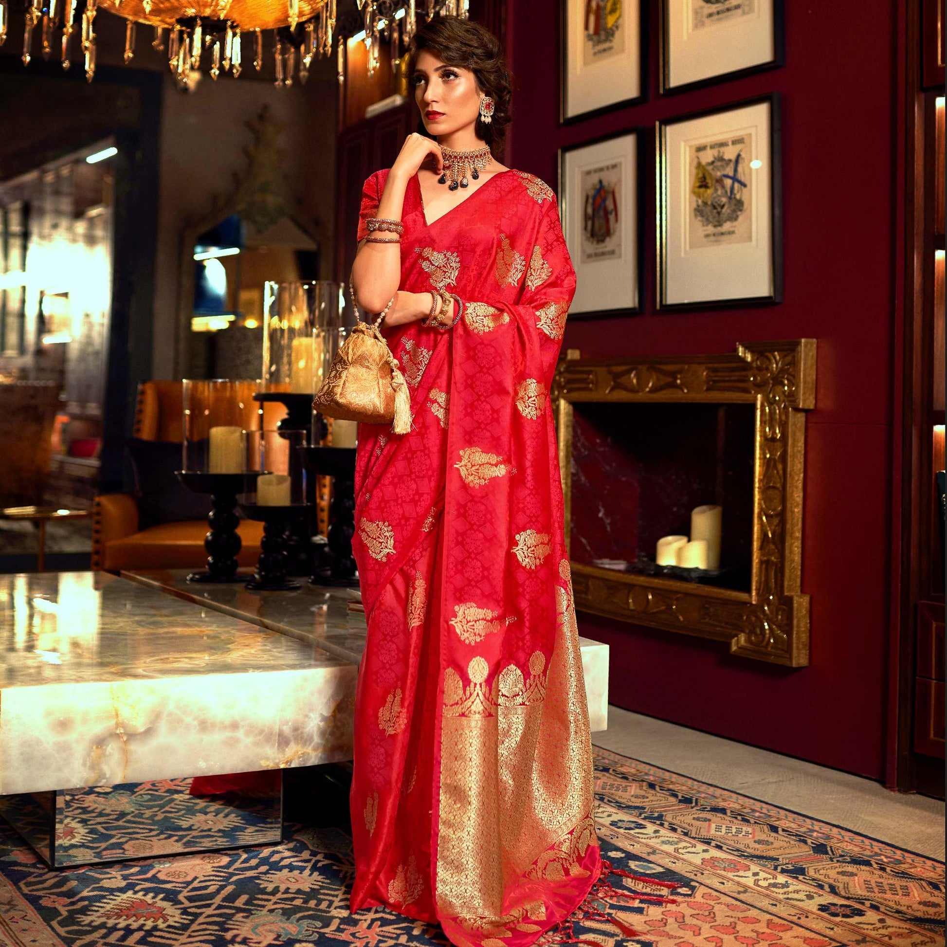 Impressive Red Colored Festive Wear Weaving Pure Satin Saree