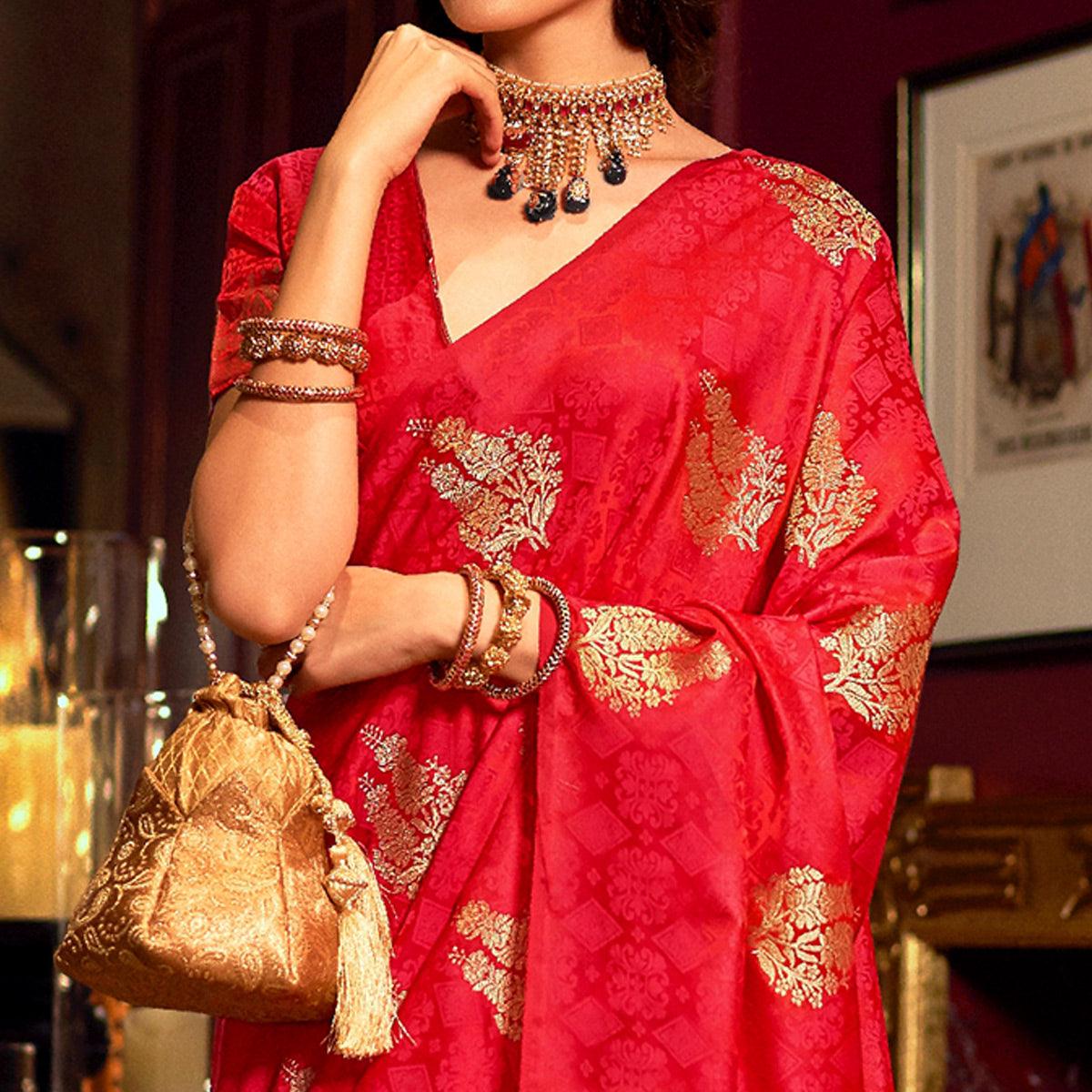 Impressive Red Colored Festive Wear Weaving Pure Satin Saree