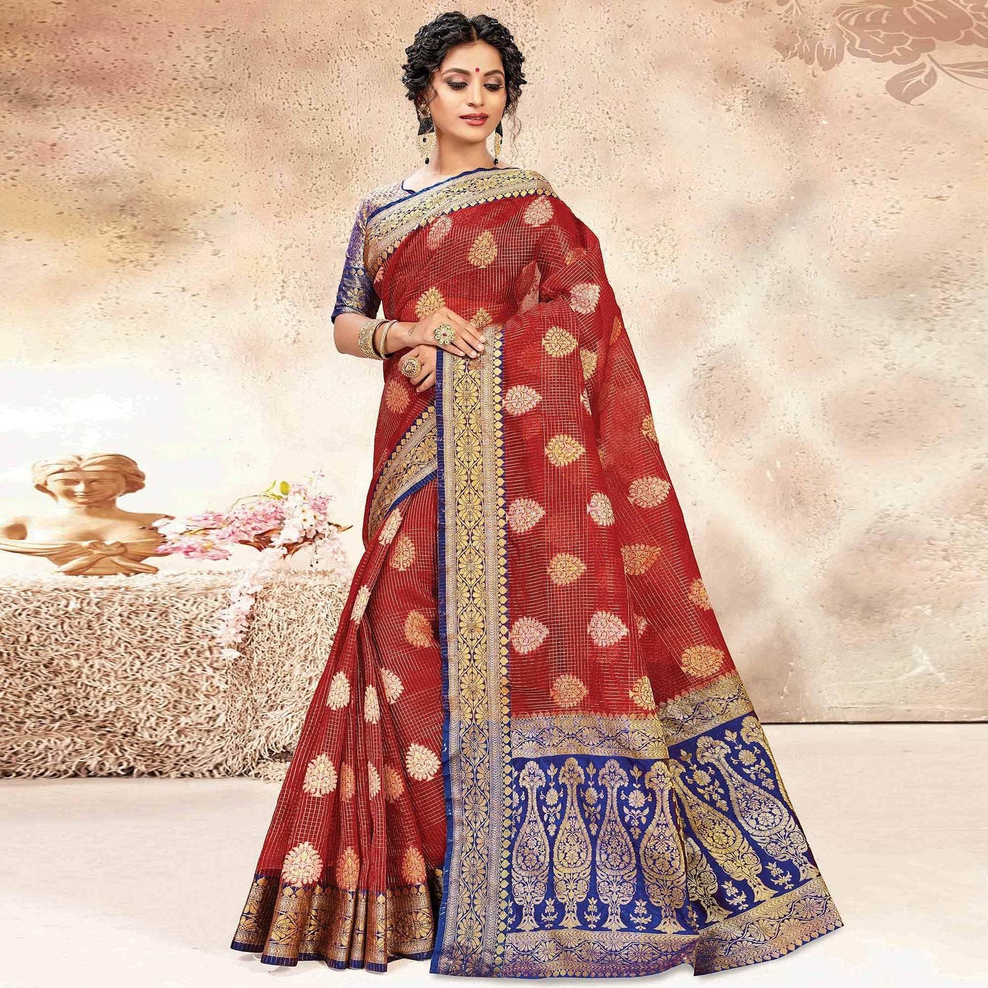 Impressive Red Colored Festive Wear Woven Banarasi Kota Silk Saree