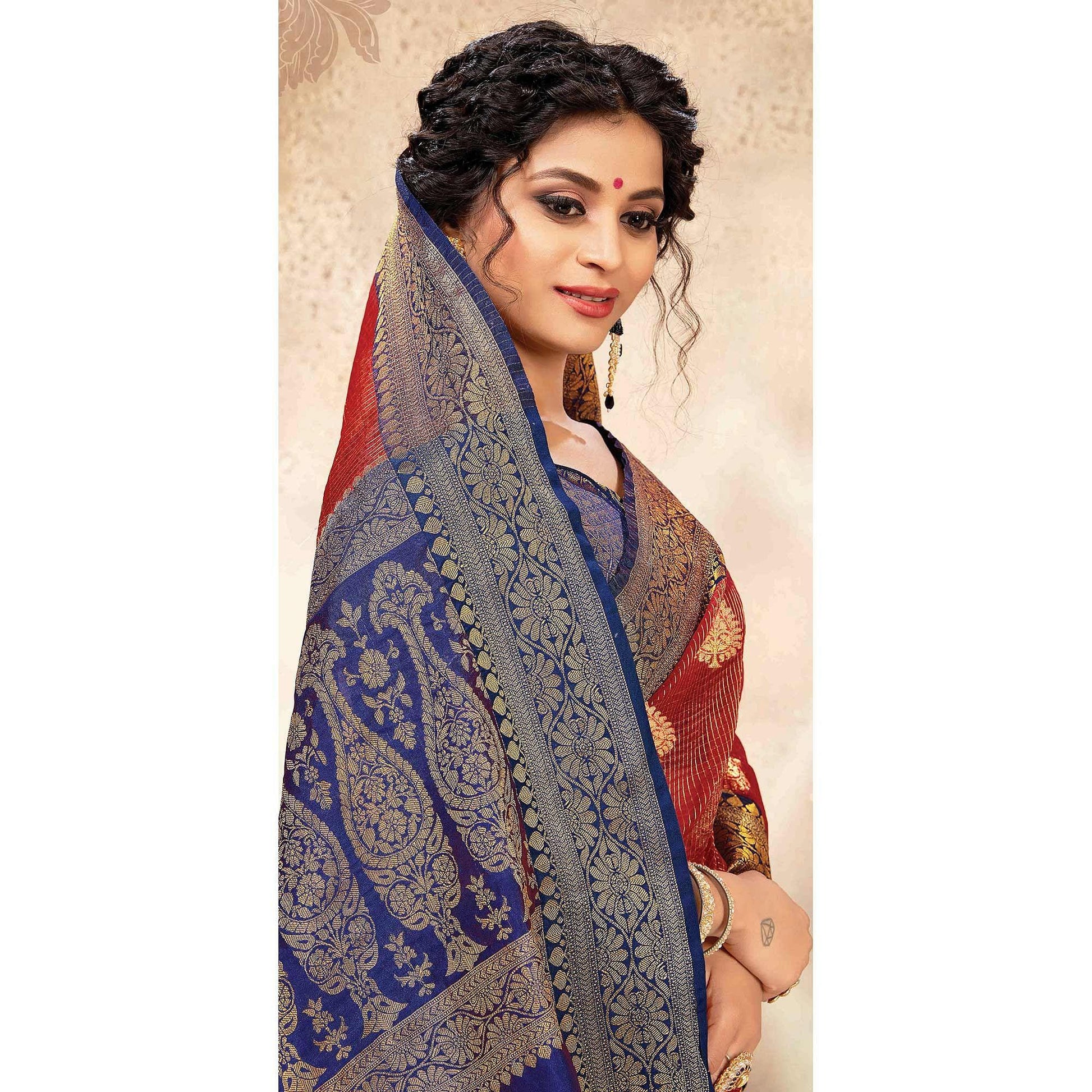 Impressive Red Colored Festive Wear Woven Banarasi Kota Silk Saree