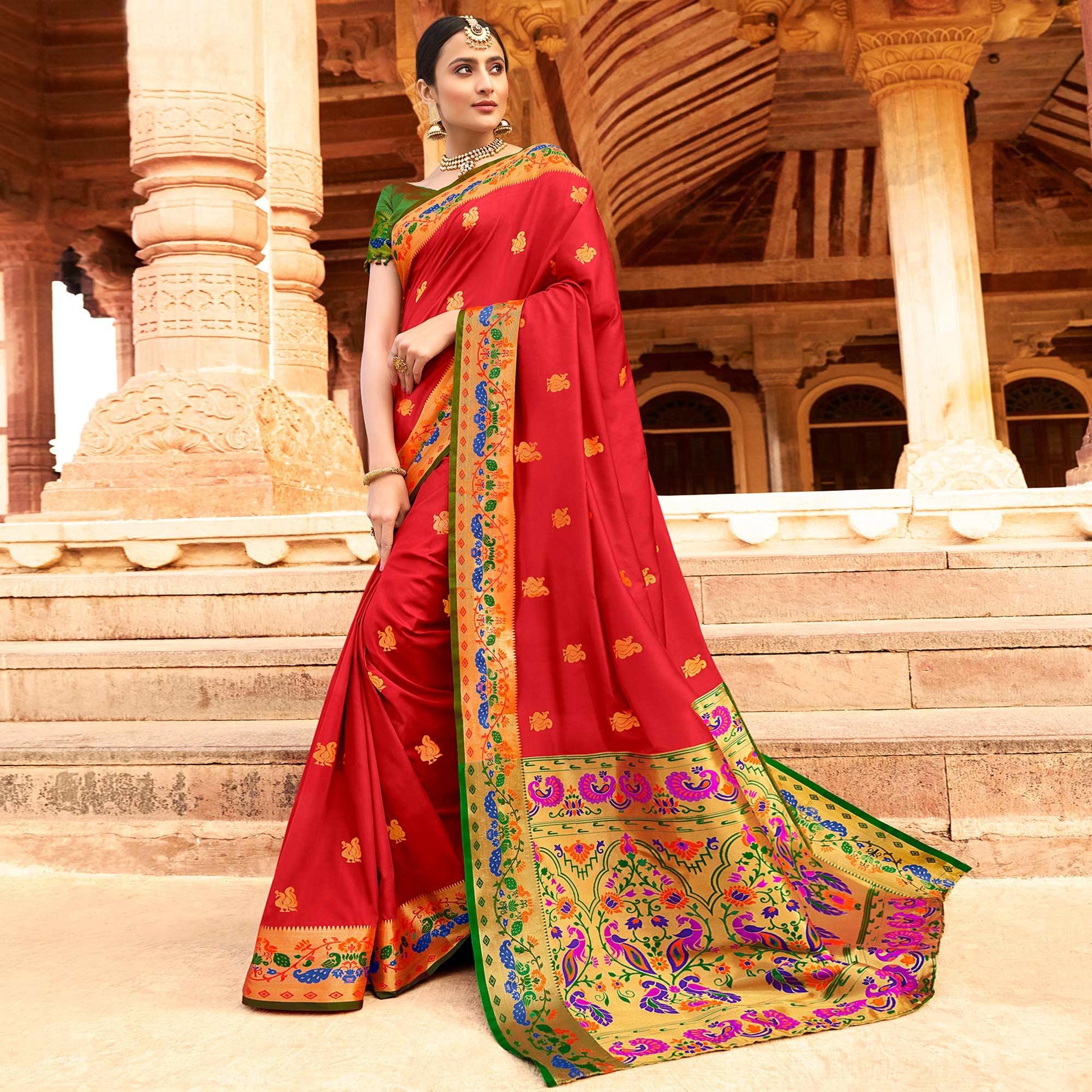 Impressive Red Colored Festive Wear Woven Paithani Silk Saree