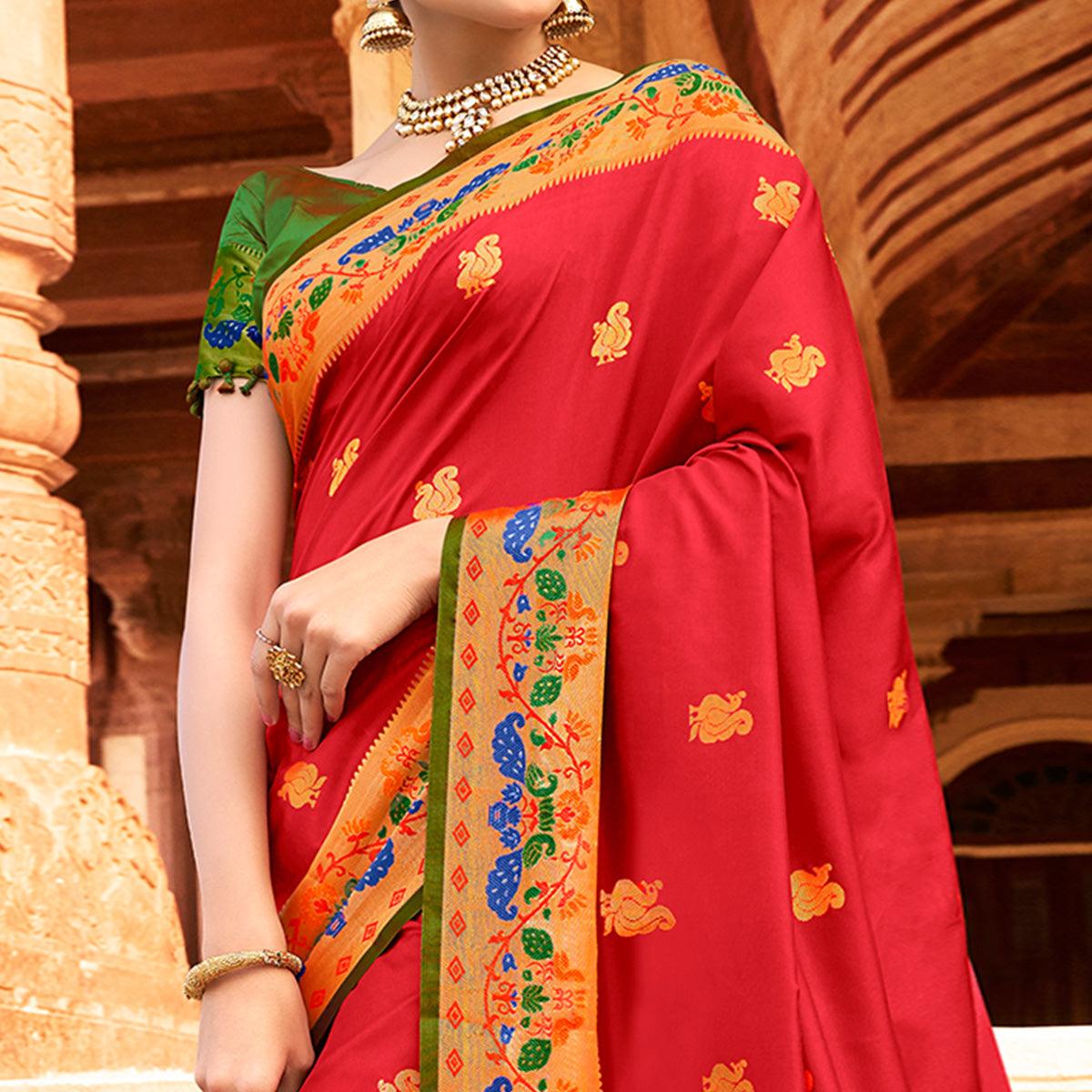 Impressive Red Colored Festive Wear Woven Paithani Silk Saree