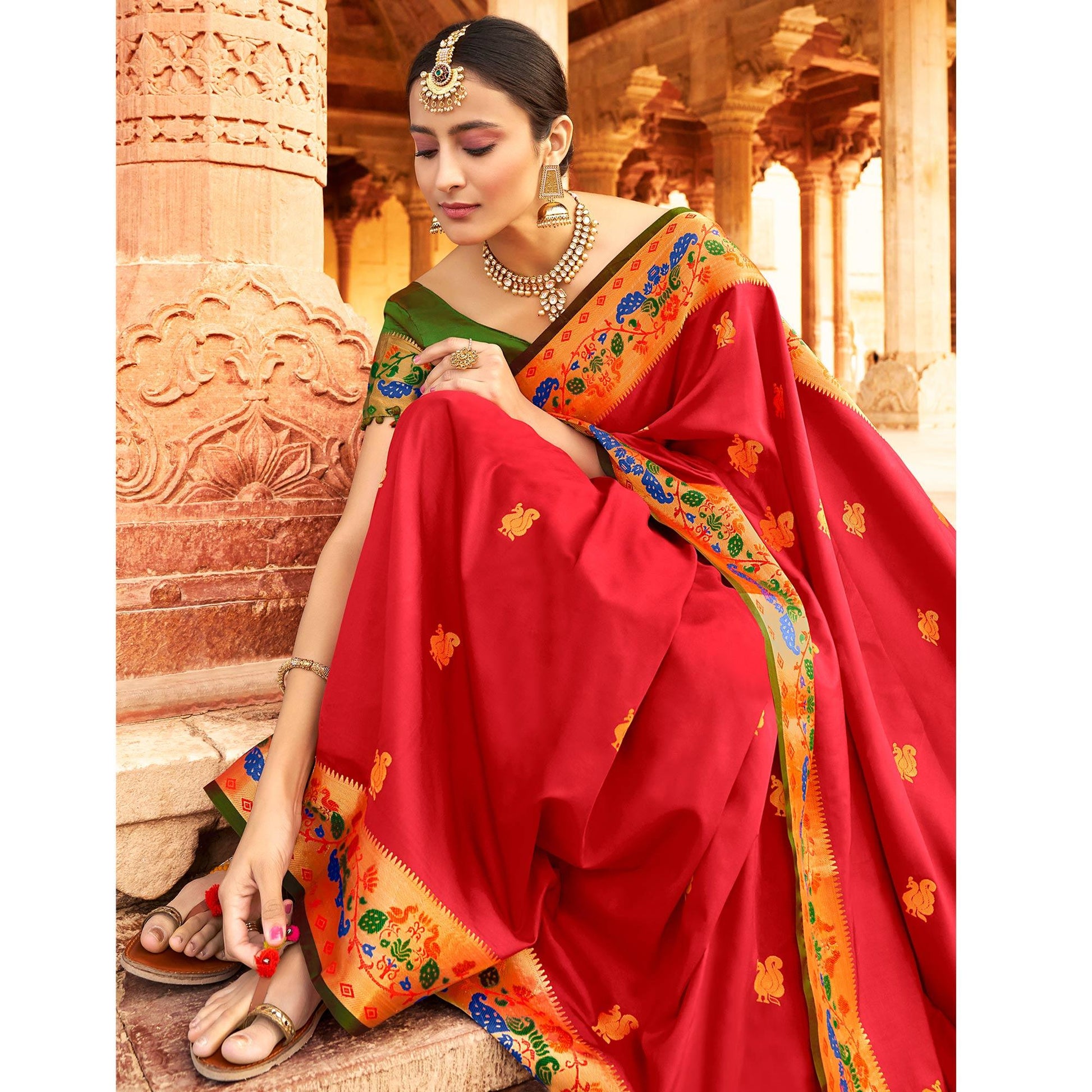 Impressive Red Colored Festive Wear Woven Paithani Silk Saree