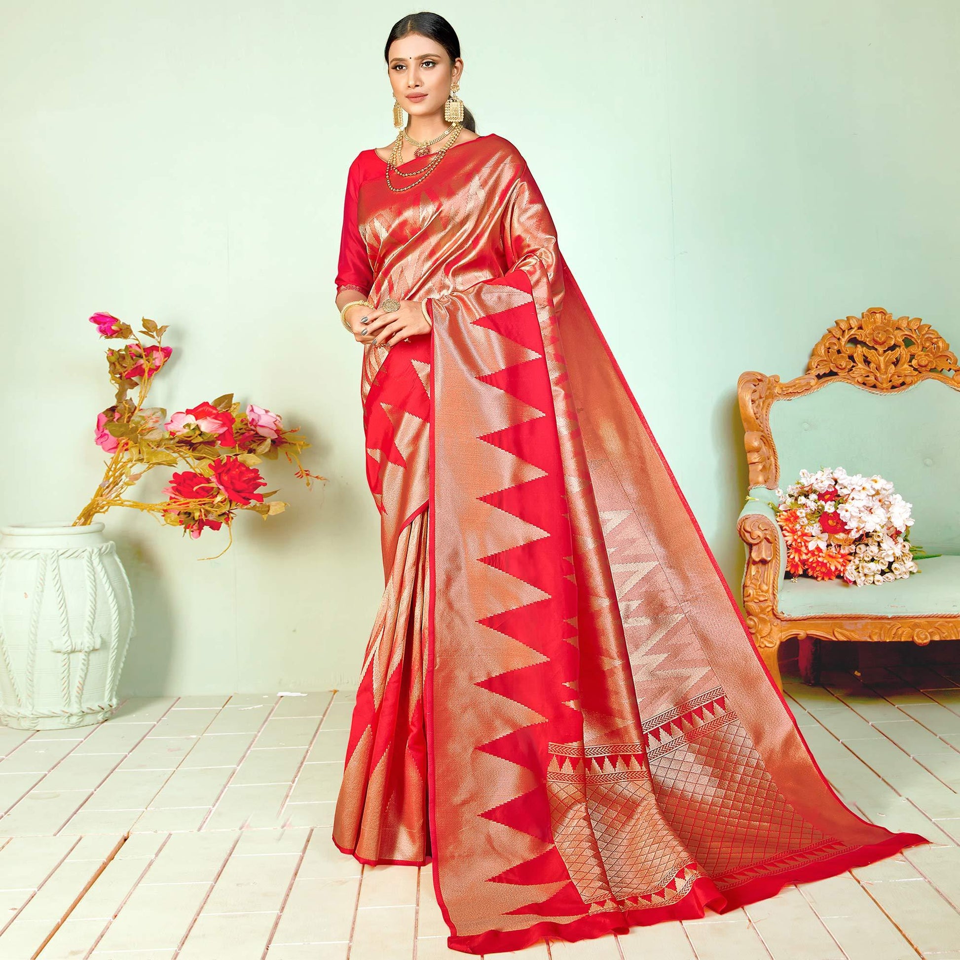 Impressive Red Colored Festive Wear Woven Silk Saree