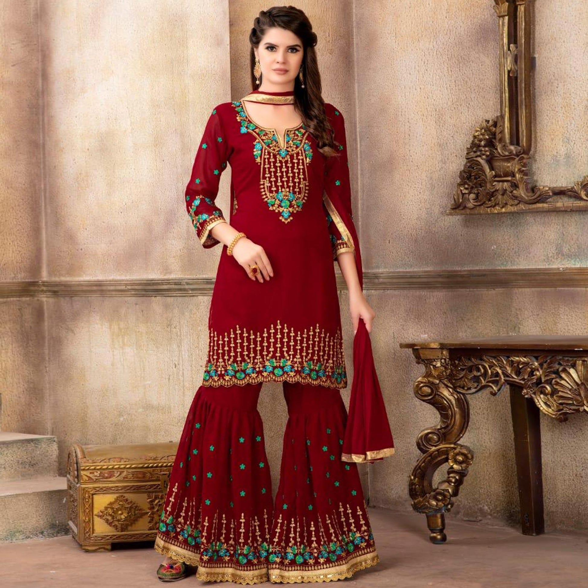 Impressive Red Colored Party Wear Embroidered Faux Georgette Palazzo Suit