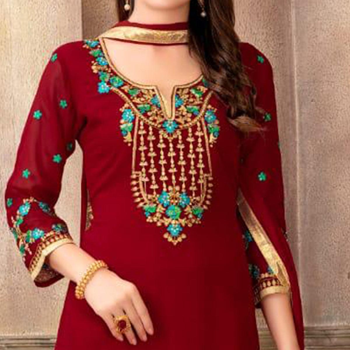 Impressive Red Colored Party Wear Embroidered Faux Georgette Palazzo Suit