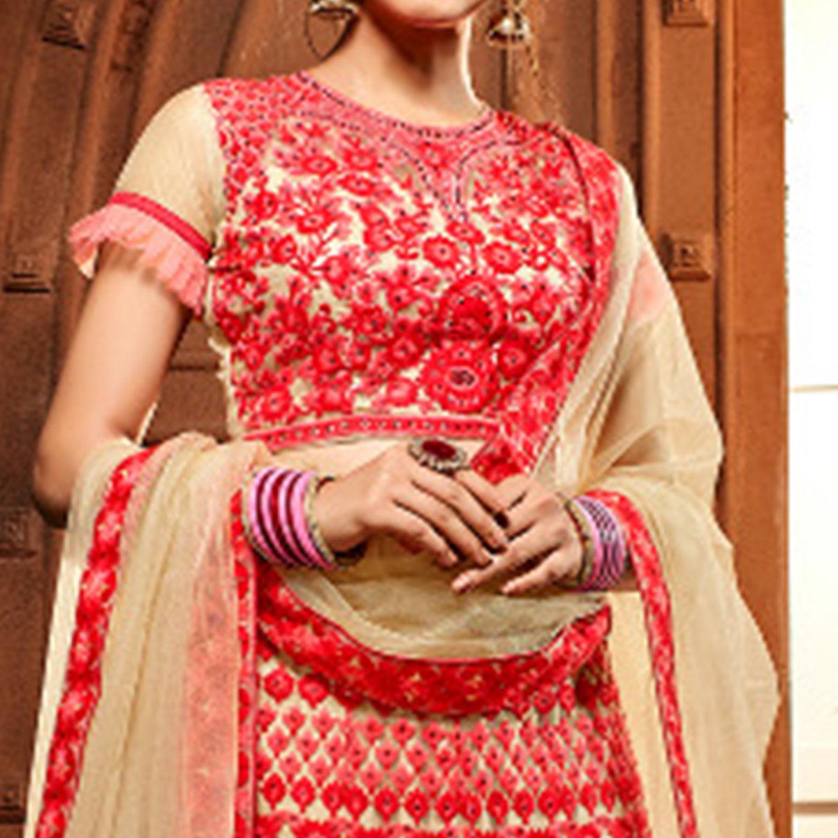 Impressive Red Colored Wedding Wear Heavy Embroidered Heavy Net Lehenga