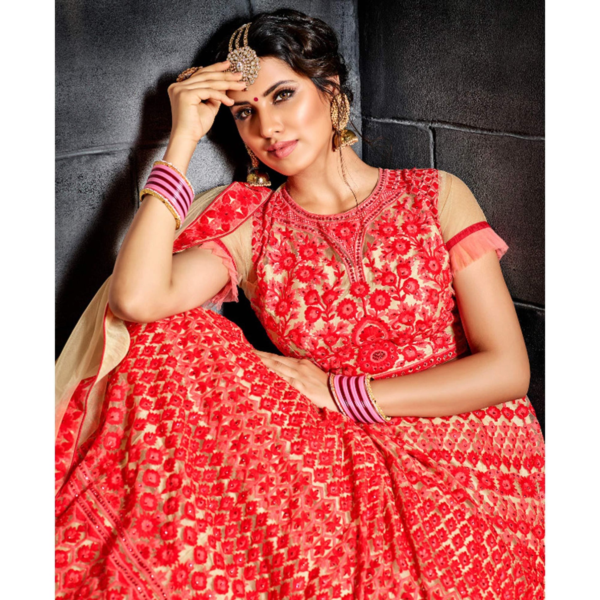 Impressive Red Colored Wedding Wear Heavy Embroidered Heavy Net Lehenga
