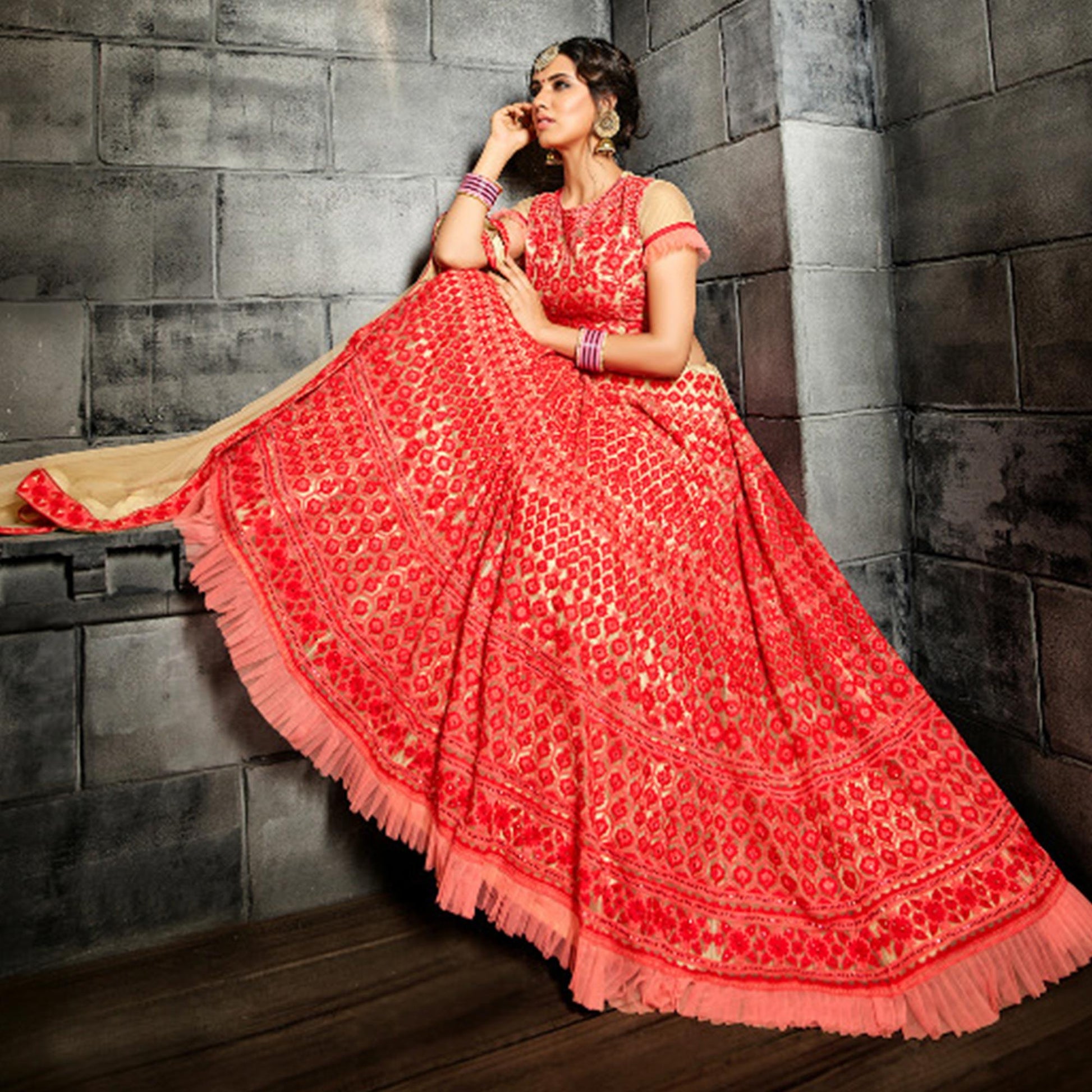 Impressive Red Colored Wedding Wear Heavy Embroidered Heavy Net Lehenga