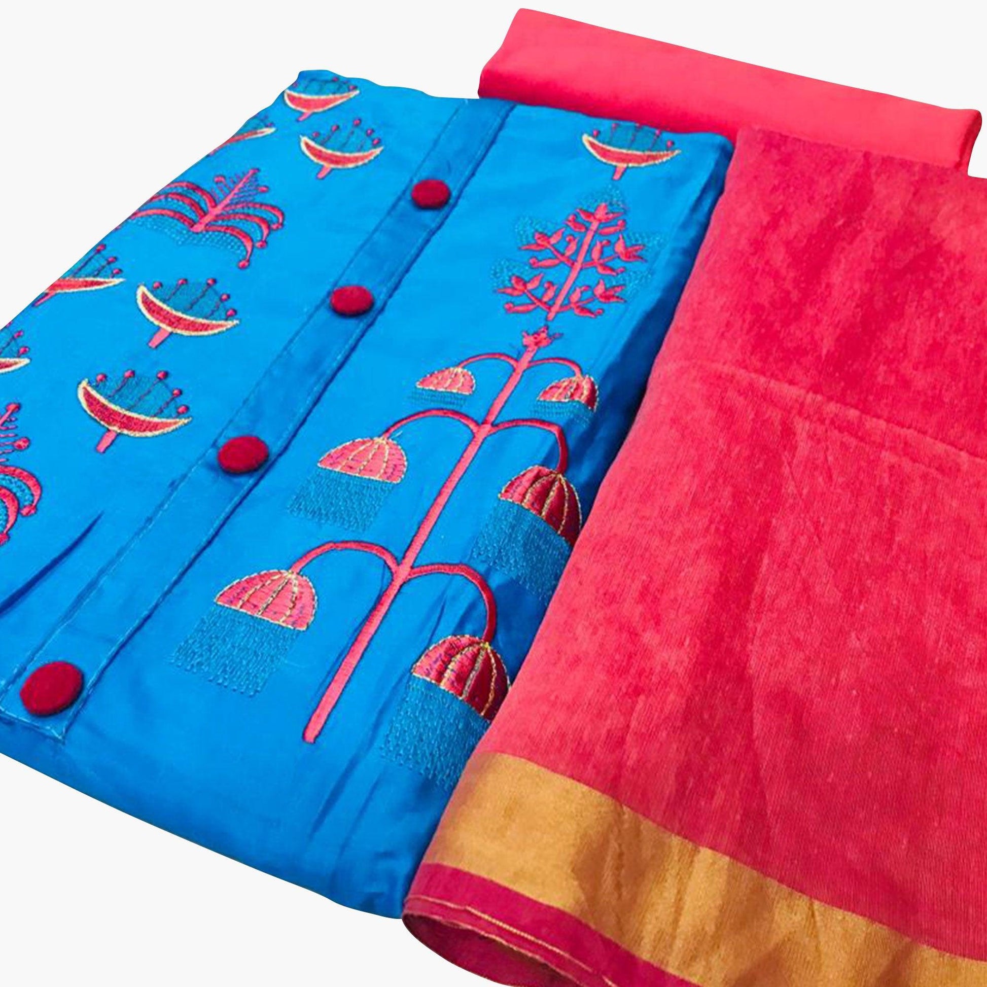 Impressive Sky Blue Colored Casual Wear Embroidered Cotton Dress Material