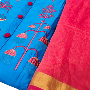 Impressive Sky Blue Colored Casual Wear Embroidered Cotton Dress Material
