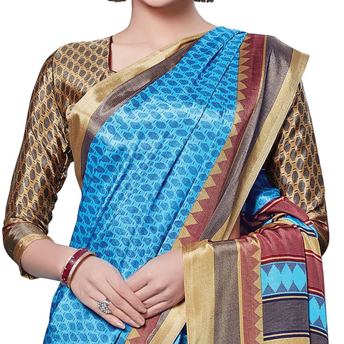 Impressive Sky Blue Colored Casual Wear Printed Crepe Saree