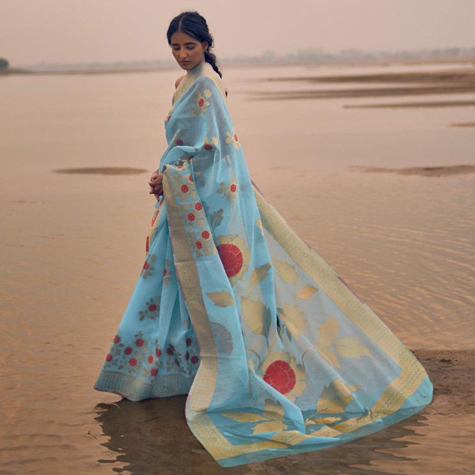 Impressive Sky Blue Colored Festive Wear Woven Pure Linen Silk Saree