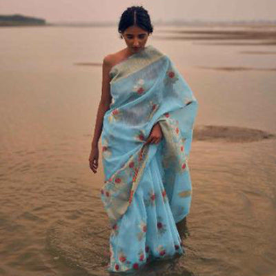 Impressive Sky Blue Colored Festive Wear Woven Pure Linen Silk Saree