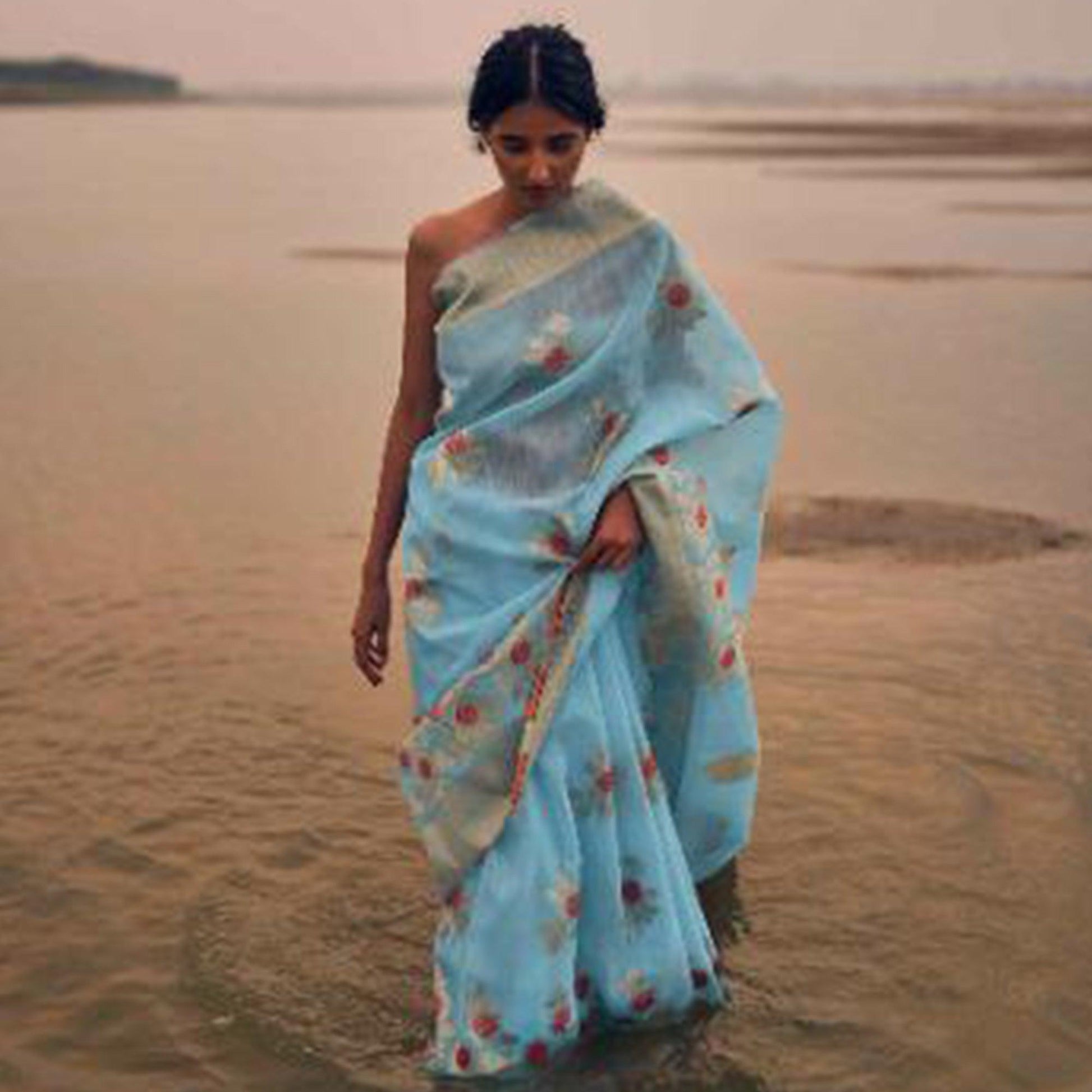 Impressive Sky Blue Colored Festive Wear Woven Pure Linen Silk Saree