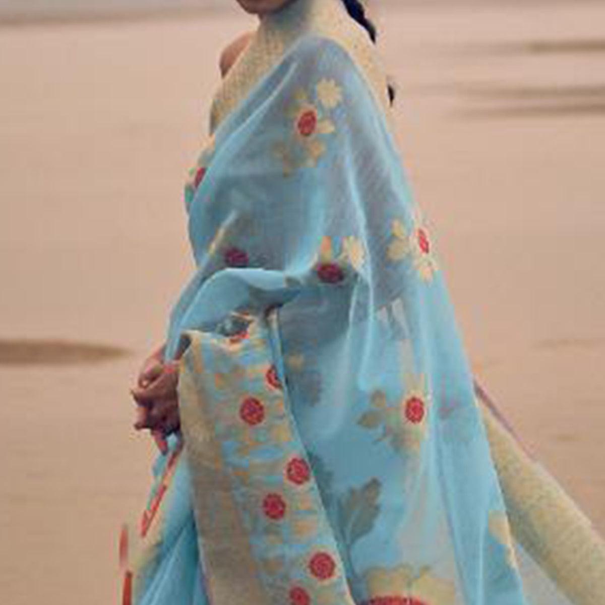Impressive Sky Blue Colored Festive Wear Woven Pure Linen Silk Saree